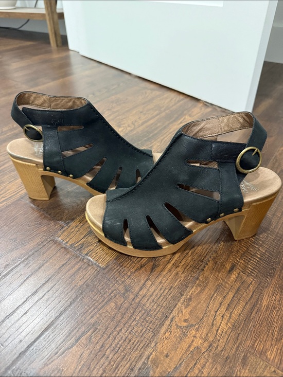 Dansko Shoes - Dansko Black Cutout Leather Slingback Heels with Wood-Tone Heel